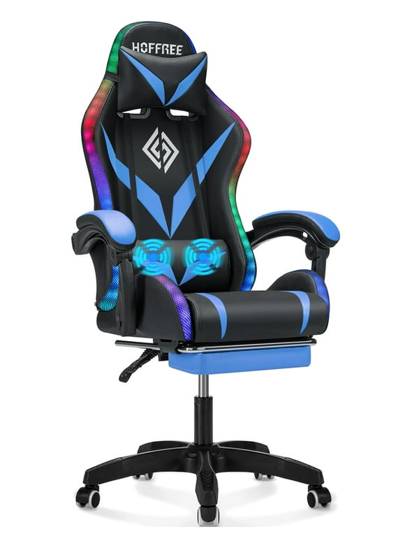 HOFFREE Gaming Chair with Massage and LED RGB Lights Ergonomic Computer Chair with Footrest High Back Video Game Chair with Adjustable Lumbar Support Linkage Armrest for Home Office