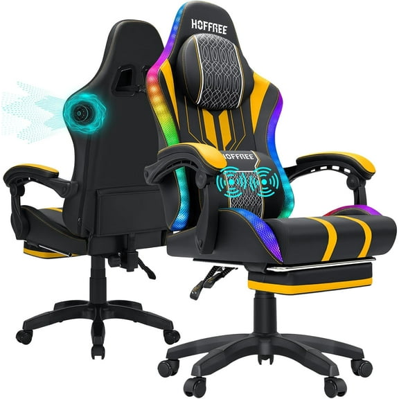HOFFREE Led Gaming Chair Massage with Speakers Big and Tall Video Game Chair with Footrest for 400lbs Reclining High Back Computer Desk Chair Yellow and Black