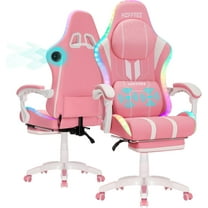 HOFFREE Pink Gaming Chair with Speakers and Massage Led Gaming Chair with Footrest Big and Tall Video Game Chair Reclining High Back Computer Desk Chair for Girls Pink and White
