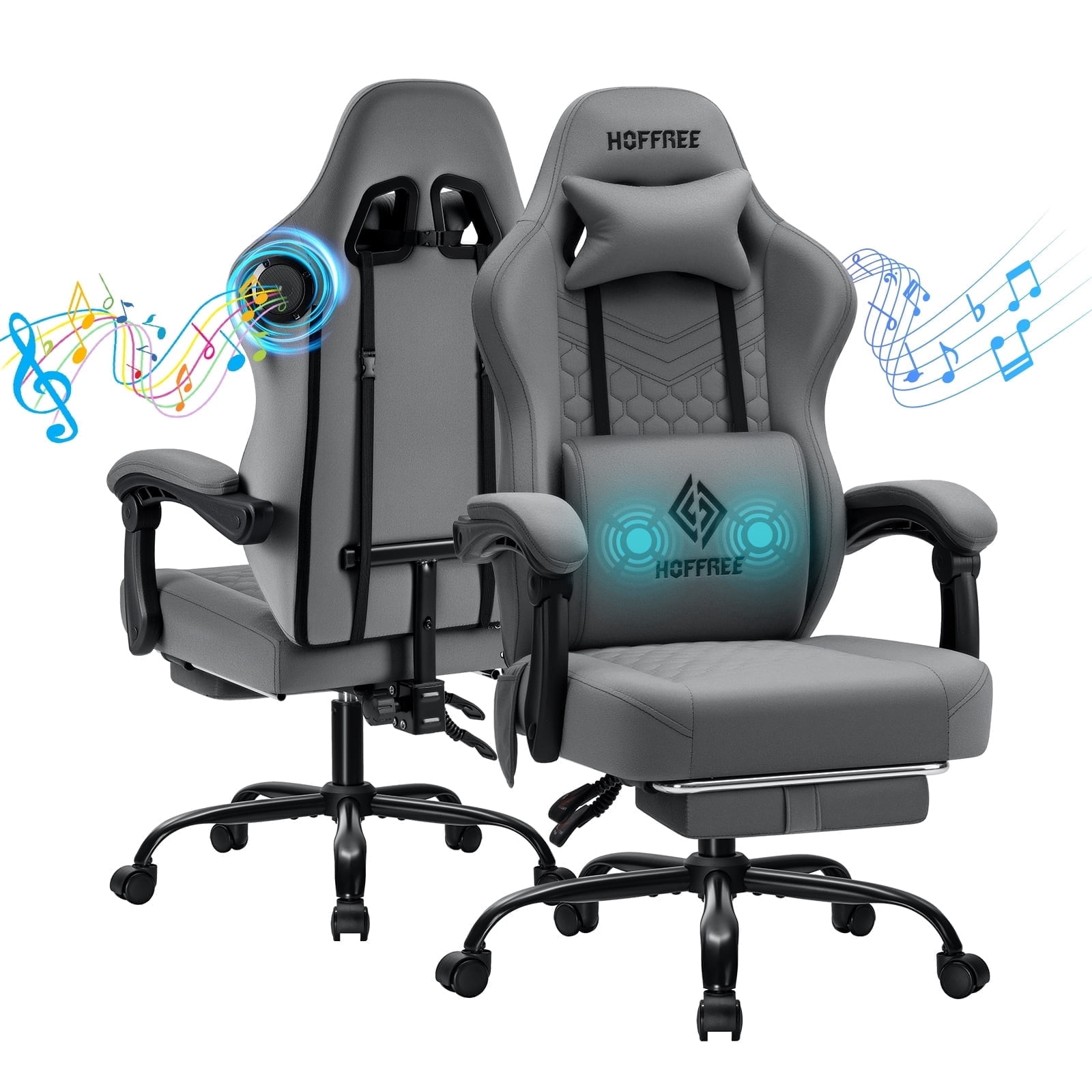 Hoffree Gaming Chair with Speakers and Massage Skin-friendly Gamer Chairs for Adults with Footrest Big and Tall Video Game Chair with Headrest and Lumbar Support for Office and Home Dark Grey