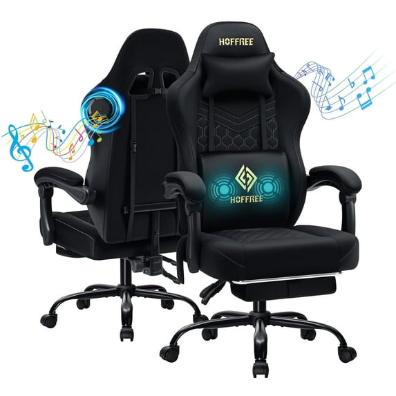 Hoffree Gaming Chair with Speakers and Massage Skin-friendly Gamer Chairs for Adults with Footrest Big and Tall Video Game Chair with Headrest and Lumbar Support for Office and Home Black