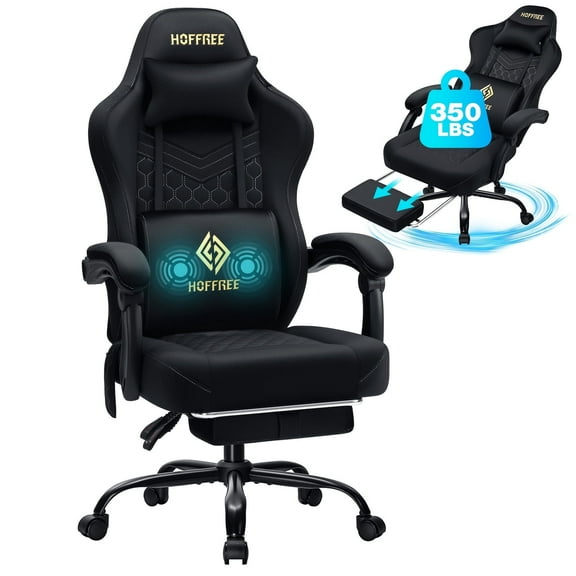 HOFFREE Gaming Chair with Massage and Footrest Skin-friendly Gamer Chairs for Adults Big and Tall Video Game Chair with Headrest and Lumbar Support for Office and Home Black
