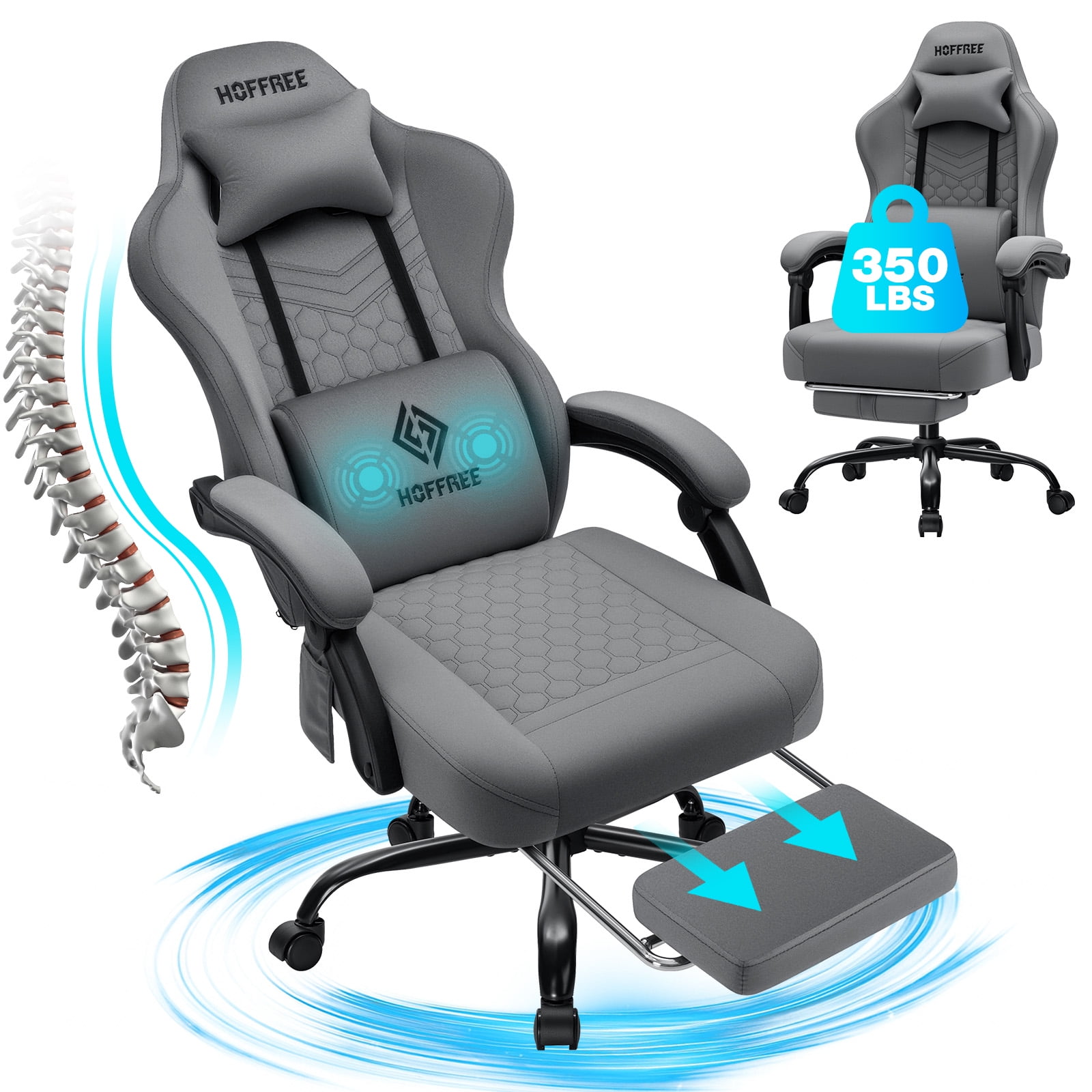 HOFFREE Gaming Chair with Massage and Footrest Skin-friendly Gamer Chairs for Adults Big and Tall Video Game Chair with Headrest and Lumbar Support for Office and Home Dark Gray