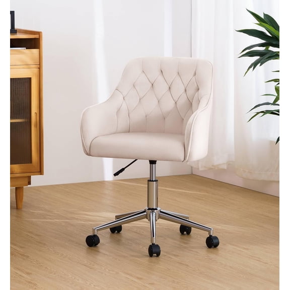 HOFFREE Velvet Office Chair Cute Vanity Chair with Wheels for Bedroom Upholstered Task Chair for Home Office (Beige)
