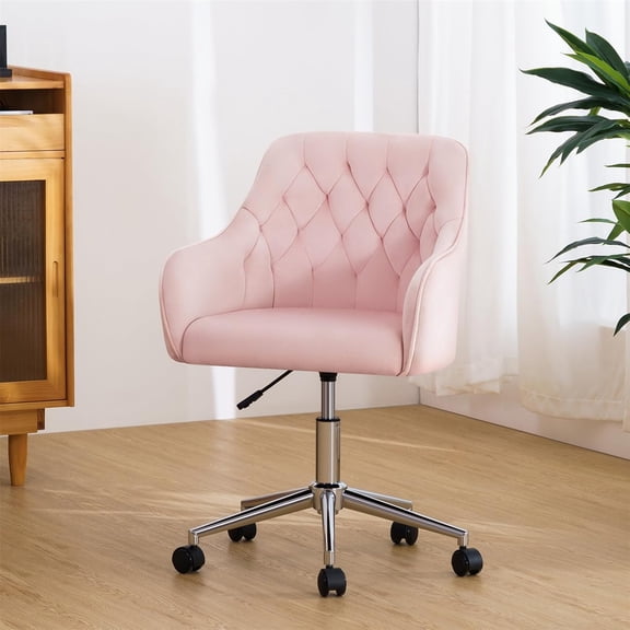HOFFREE Velvet Office Chair Cute Vanity Chair with Wheels for Bedroom Upholstered Task Chair for Home Office (Pink)