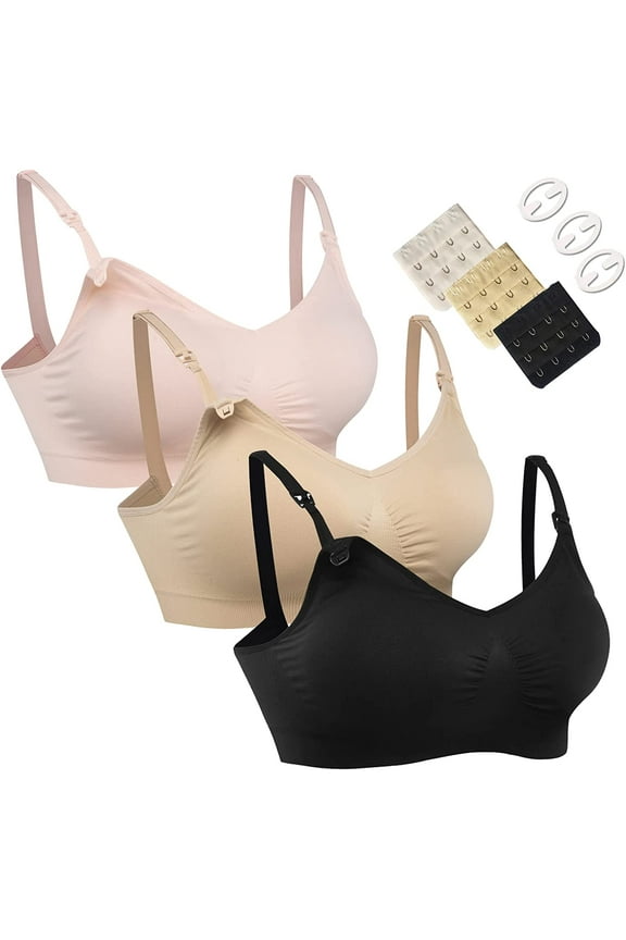 3PACK Full Bust Seamless Nursing Maternity Bras Bralette S-XXL with Extra Bra Extenders & Clips  3Pack Black Beige Pink Large