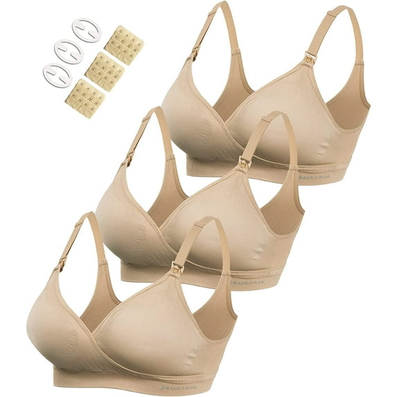 HOFISH Women's Maternity Pregnancy Seamless Breastfeeding Bras No Underwire, 3 Pack Beige , Medium