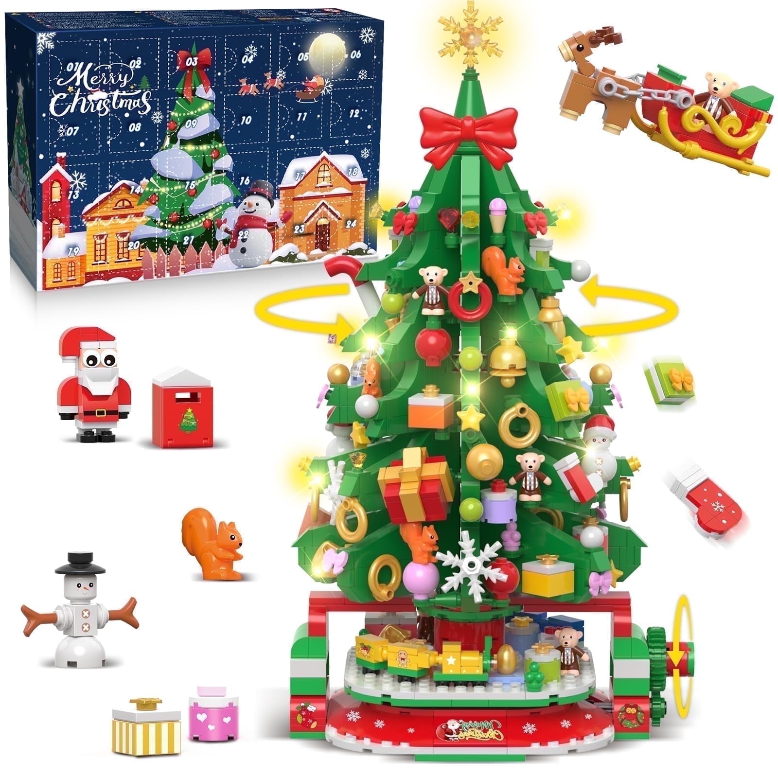 Rotating Christmas Tree Advent Calendar with LED Lights, 24-Day Countdown Building Set