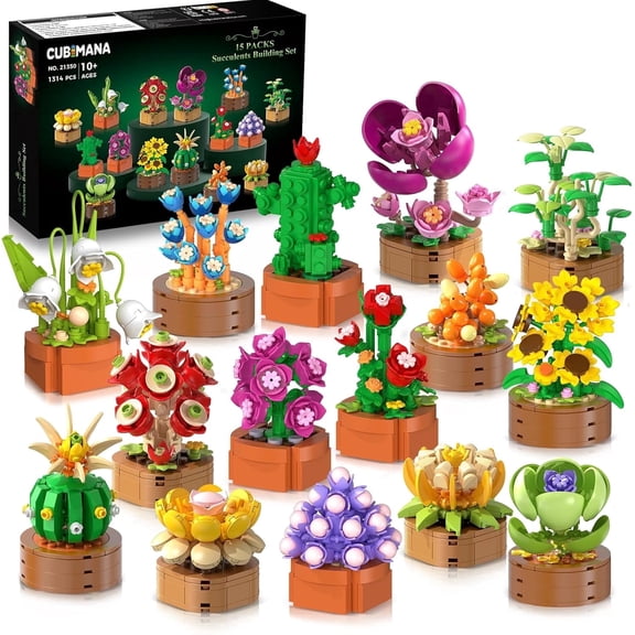 TERRAMUS 15 Pack Flower Building Set, 1314 PCS Mini Building Blocks Kit, Construction Toy for Kids Ages 10+