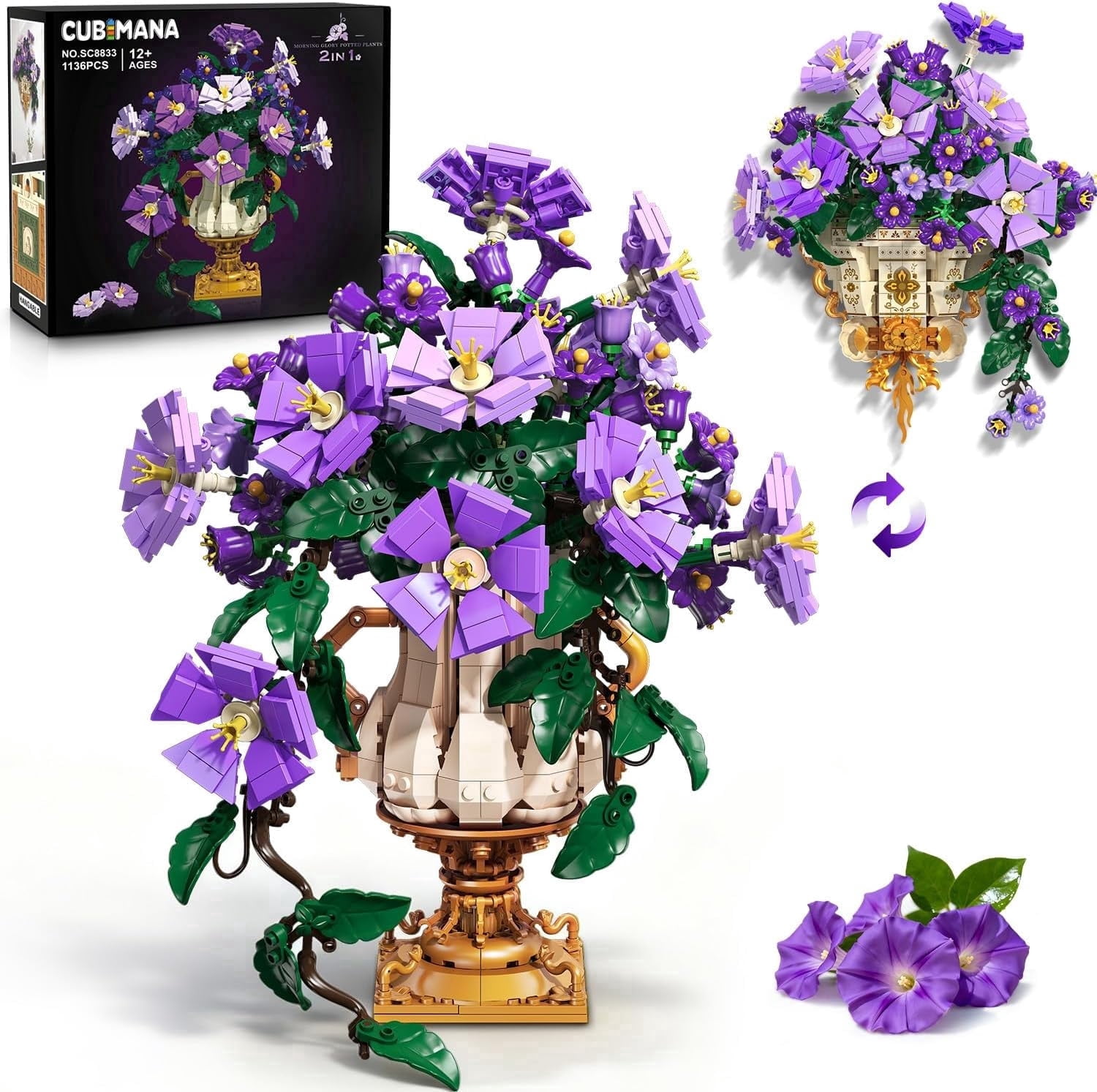 TERRAMUS Morning Glory Bouquet Building Set with Wall Mount, 1136 PCS Artificial Flower Blocks, 2-in-1 Desk Wall Display Construction Toy for Ages 12+