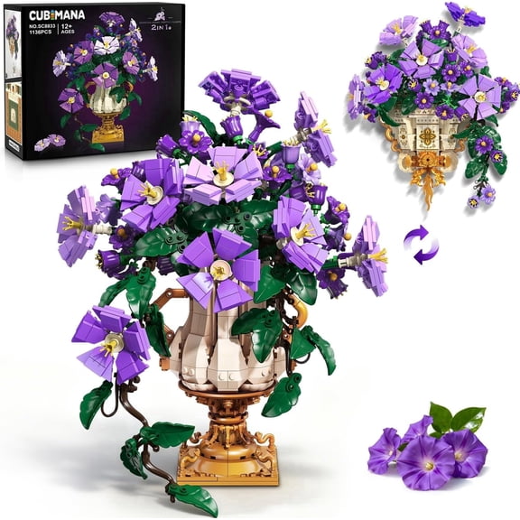 Hogokids Morning Glory Bouquet Building Set with Wall Mount, 1136 PCS Artificial Flower Blocks, 2-in-1 Desk Wall Display Construction Toy for Ages 12+