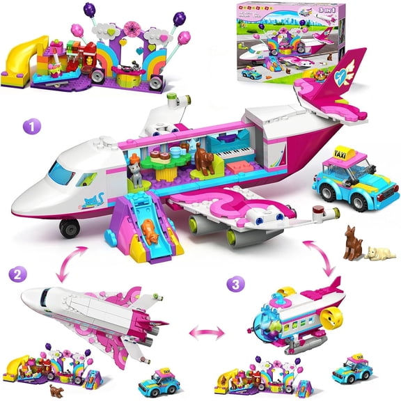 HOGOKIDS 3-in-1 Airplane Building Set with LED Light, 642PCS Passenger Plane, Submarine and Space Shuttle Building Blocks Toy with Playground and Vehicle for Kids Ages 6-12