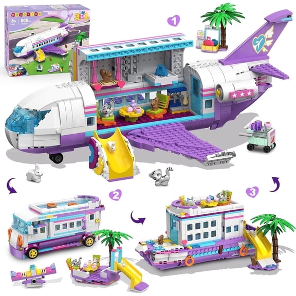 TERRAMUS 3-in-1 Airplane Building Set, 808 Pcs Plane/Boat/Camper Van Transformable Building Toys with Mini Animal Figures, Slide & Accessories, Creative Building Blocks, Ages 8+