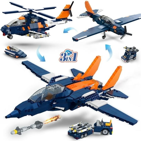 HOGOKIDS 3 in 1 Fighter Jet Plane Building Sets, 738PCS Aircraft with Handling Vehicle/Rocket Launcher/Speedboat Model for Kids Aged 8+