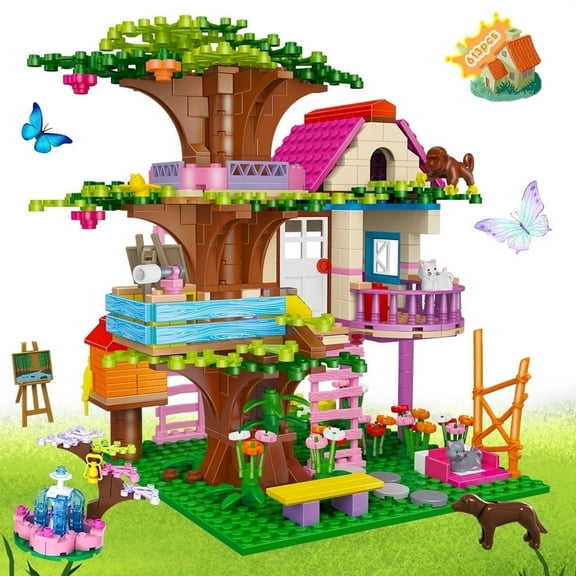 HOGOKIDS 613pcs Tree Forest House STEM Building Toy with Fountain and Animals Gifts for Aged 6+