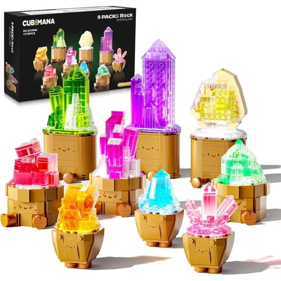 HOGOKIDS 9-Pack Crystal Rock Building Set with LED Lights, 1170 Pcs Colorful Gemstone Mineral Collection Architecture Kit, Creative DIY Desk Decor Gift for Kids and Adults