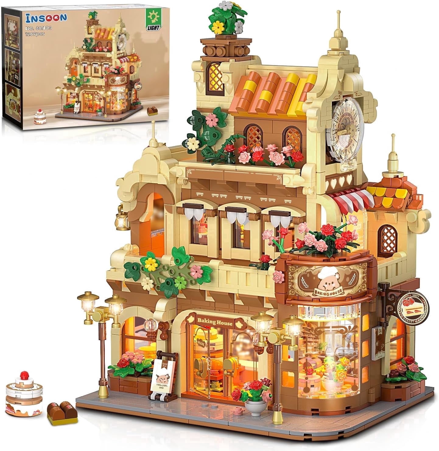 INSOON City Bakery Cafe House Building Set with LED Light, 1289 PCS City Architecture Building Blocks Model Kit, Modular Bakery Shop Display Set for Adults Teens 8-12+