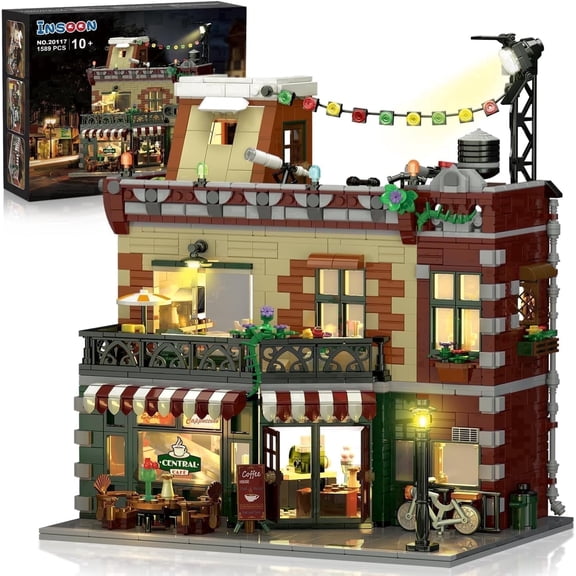 INSOON Cafe Shop Building Kit with LED Light, 1589 Piece City Street View Building Blocks Set, Coffee House Construction Toy for Ages 12+