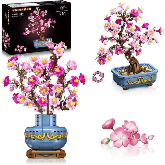 Hogokids Cherry Blossom Bonsai Tree Building Set, 2-in-1 Artificial Sakura Tree Building Blocks Kit, 775 Pcs Botanical Plant Model for Home Decor Display Gift for Adults Teens Kids