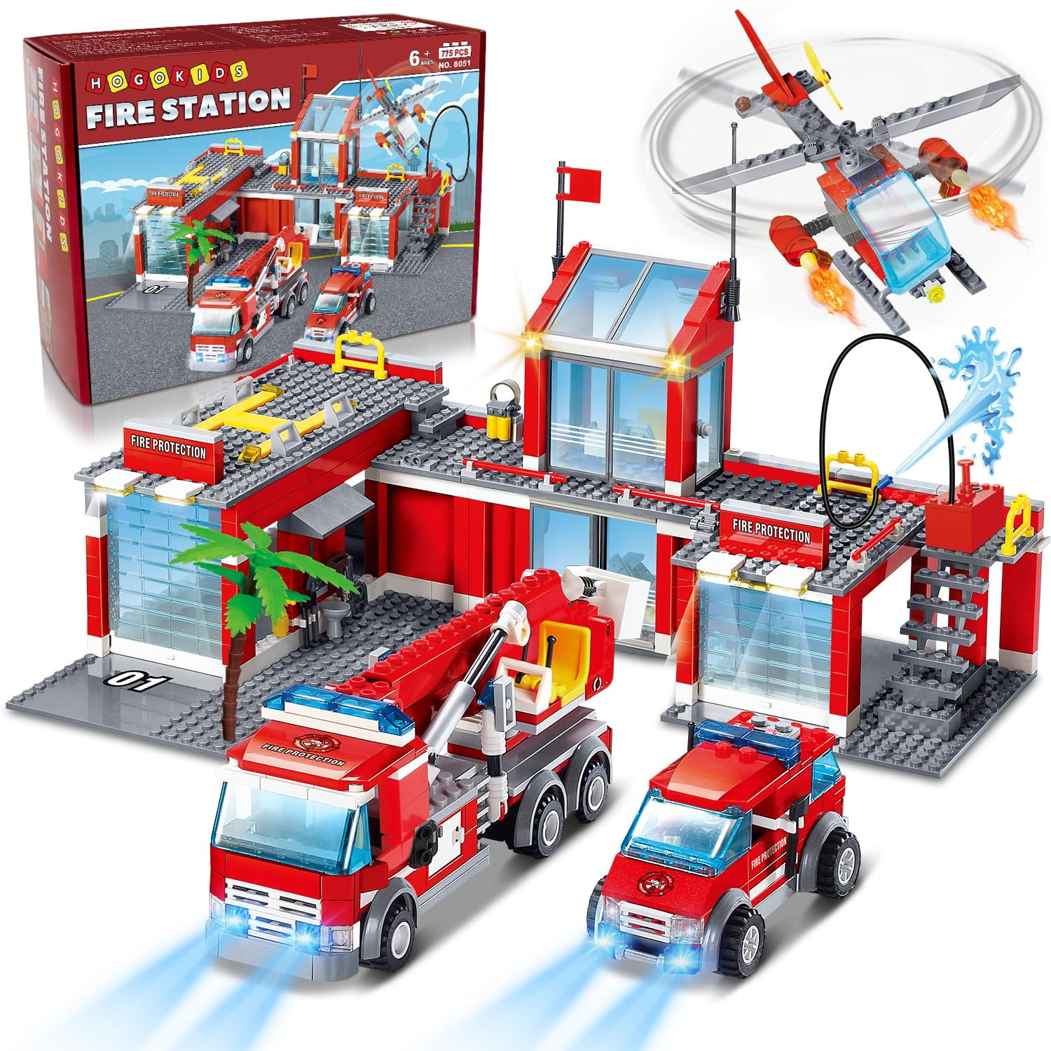 HOGOKIDS City Fire Station Building Set, 775 PCS Fire Rescue Helicopter