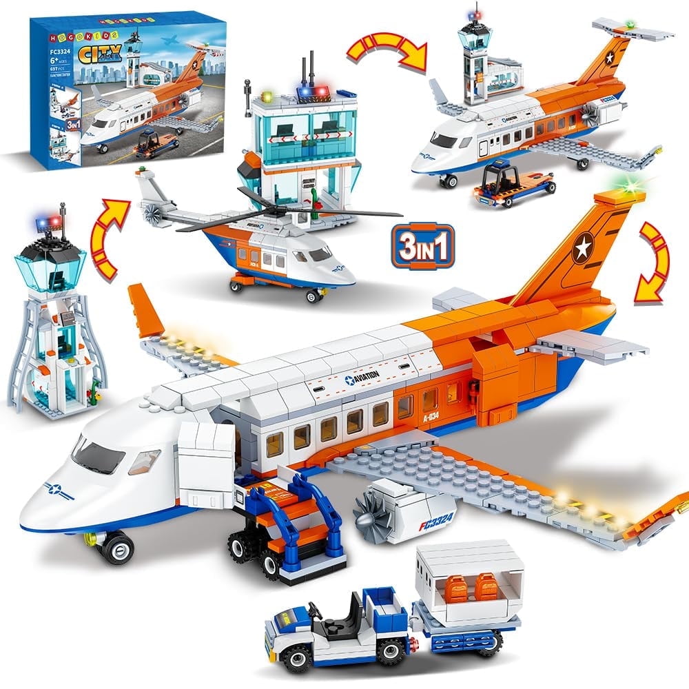 HogoKids 697-Piece STEM 3-in-1 Airport Passenger Plane Building Block Toy for Kids Adults 6 7 8 9+ Years