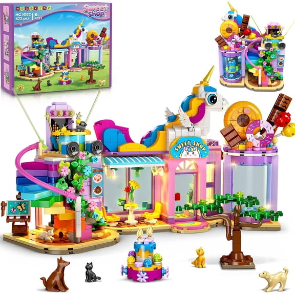 HOGOKIDS Dessert Shop Building Set with LED Lights, Girls Candy Store Building Blocks Kit with Foldable Mini Dollhouse Scene, Pretend Play Toy for Kids Ages 6+