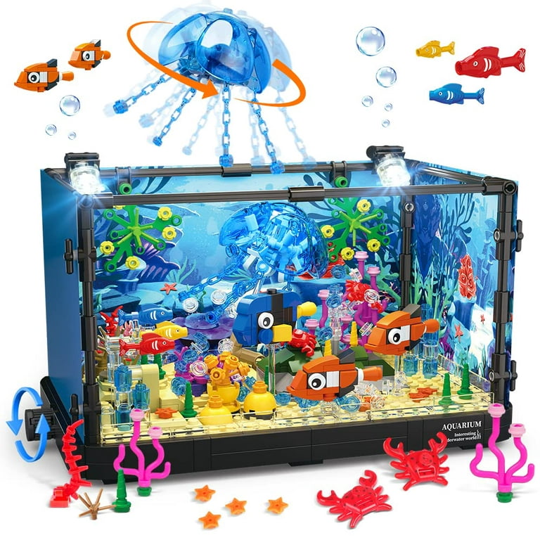 HOGOKIDS Fish Tank STEM Building Set with LED Light, 725PCS Fish Tank with  Jellyfish Fish Animal Educational Gift for Boys Girls Age 8-14