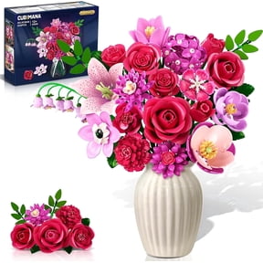 TERRAMUS Rose Red Flower Bouquet Building Set with LED, 832 PCS Artificial Flower Blocks 21 Stems, Home Decor Botanical Collection for Women Girls Ages 12+