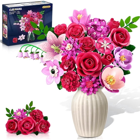 TERRAMUS Rose Red Flower Bouquet Building Set with LED, 832 PCS Artificial Flower Blocks 21 Stems, Home Decor Botanical Collection for Women Girls Ages 12+