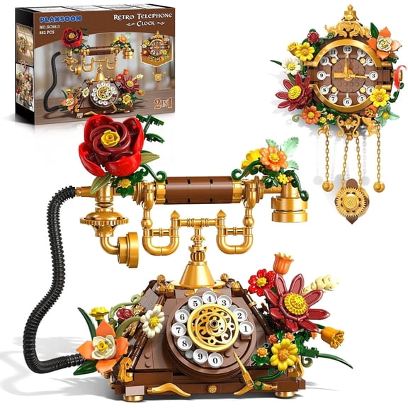 TERRAMUS Flowers Retro Telephone Clock Building Set, 2 in 1 Vintage Phone & Flower Clock Model, 882 Pcs Collectible Kit for Home Decor, Gift for Adults, Teens Age 12+