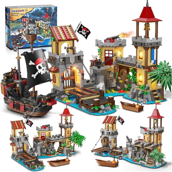 HOGOKIDS Pirate Ship Building Set with Fortress, 1502 Pcs 3-in-1 Pirate Adventure Toy with Drawbridge, Cannons, and Rowboat, Creative Building Bricks Toys for Boys, Kids, and Adults Ages 10+