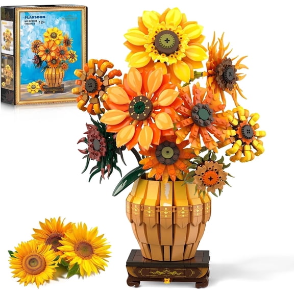 INSOON Sunflower Building Set with LED Light and Base, 1180 Pieces Flower Construction Kit, Sunflower Building Blocks Toy for Ages 12+ Display Gift