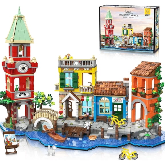 TERRAMUS Venice Main Street Building Kit with Light, 2155 Pcs City House Architecture Model Home Office Decor Building Blocks Kit, Creative Building Toys for Kids Age 12+