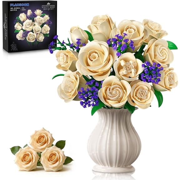 TERRAMUS White Rose Bouquet Building Set with LED Light, 523 PCS Flower Building Kit, Champagne Rose Construction Blocks Toy for Ages 12+