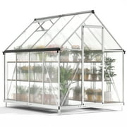 HOGYME 6'x 8' Walk-in Polycarbonate Greenhouse,Gardening Greenhouse with Roof Vent and Lockable Doors,Silver