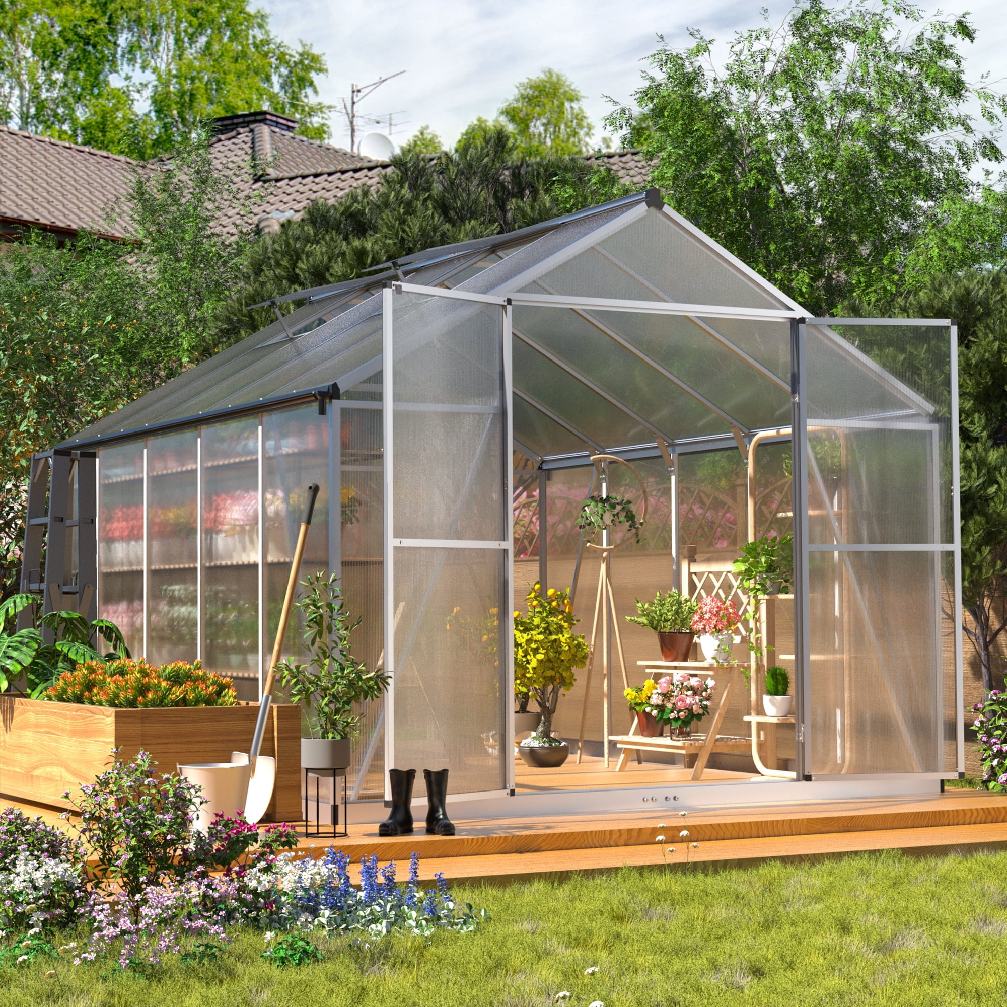 8' x 10' Transparent Aluminum Walk-In Greenhouse with Adjustable Windows