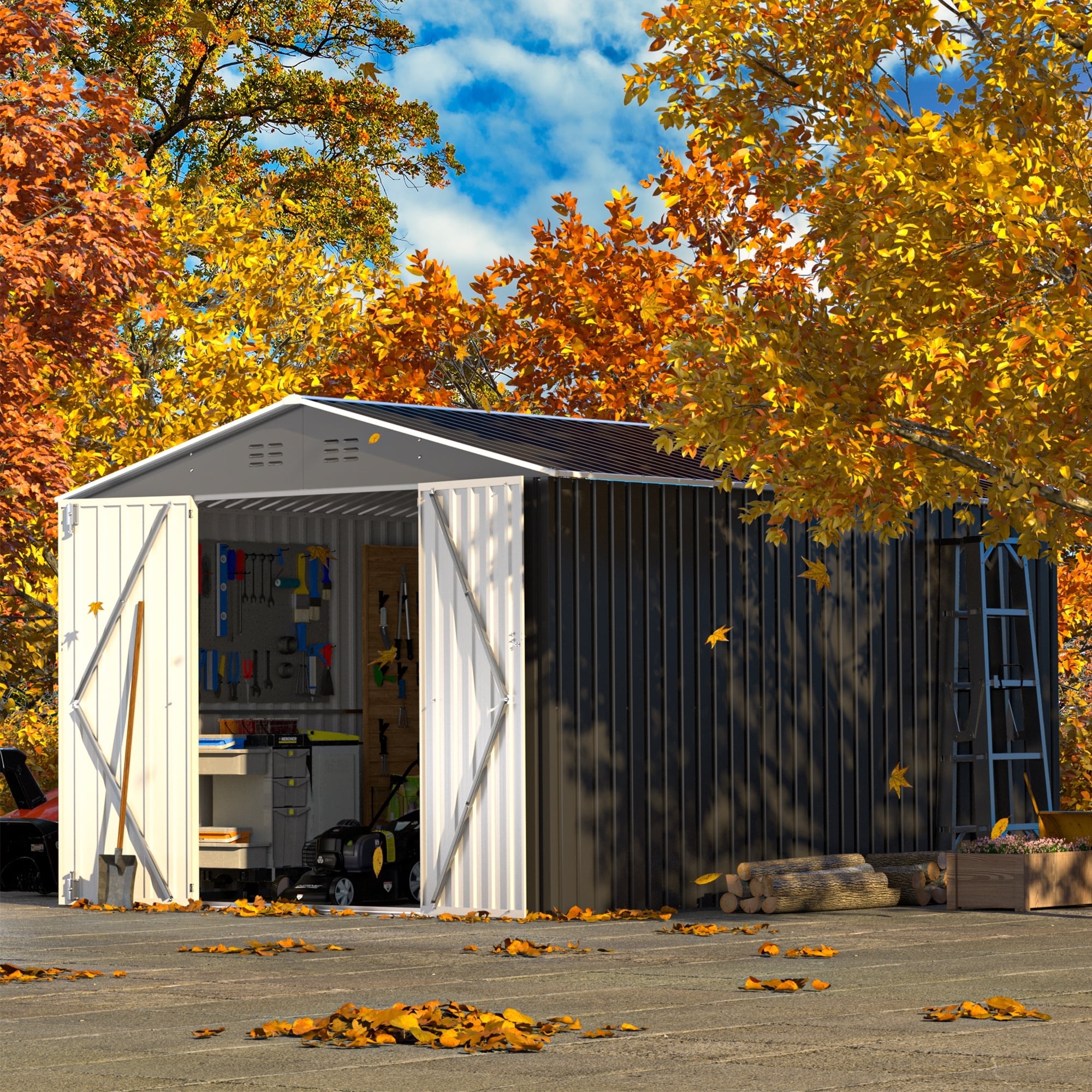 8' x 12' Gray Metal Garden Storage Shed with Double Doors