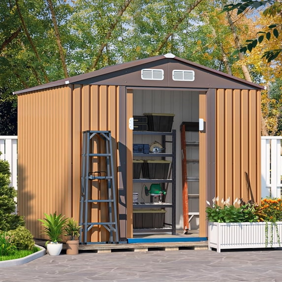 HOGYME 8' x 6' Outdoor Storage Shed with Double Sliding Door and 4 Vents, Metal Garden Shed Tool Bike Shed Pet House Garbage Room for Backyard, Patio, Lawn, Coffee Brown
