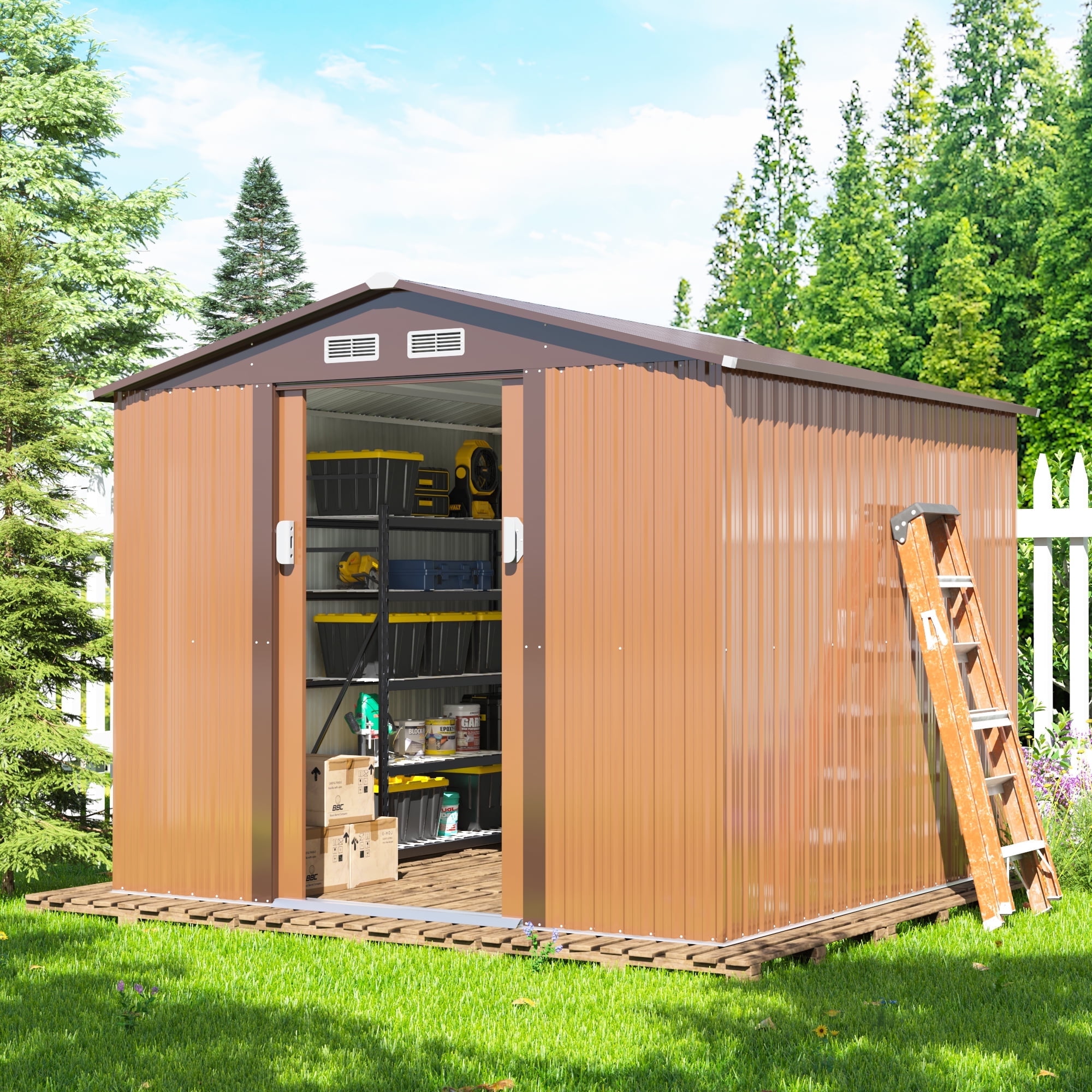 8' x 8' Brown Galvanized Steel Garden Storage Shed with Windows