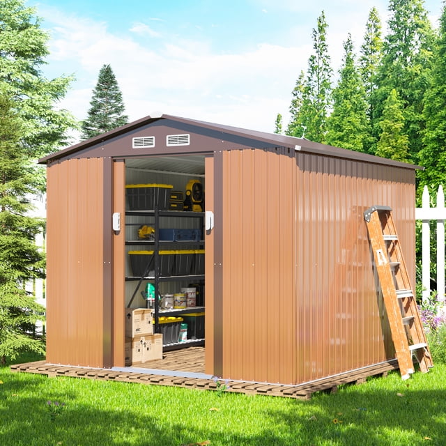 HOGYME 8' x 8' Large Outdoor Storage Shed Tool House Galvanized Steel W ...