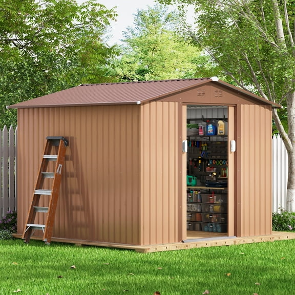 HOGYME 8' x 8' Outdoor Storage Shed, Garden Metal Tool Shed w/ Lockable Doors Vents, for Backyard Patio Lawn, Brown