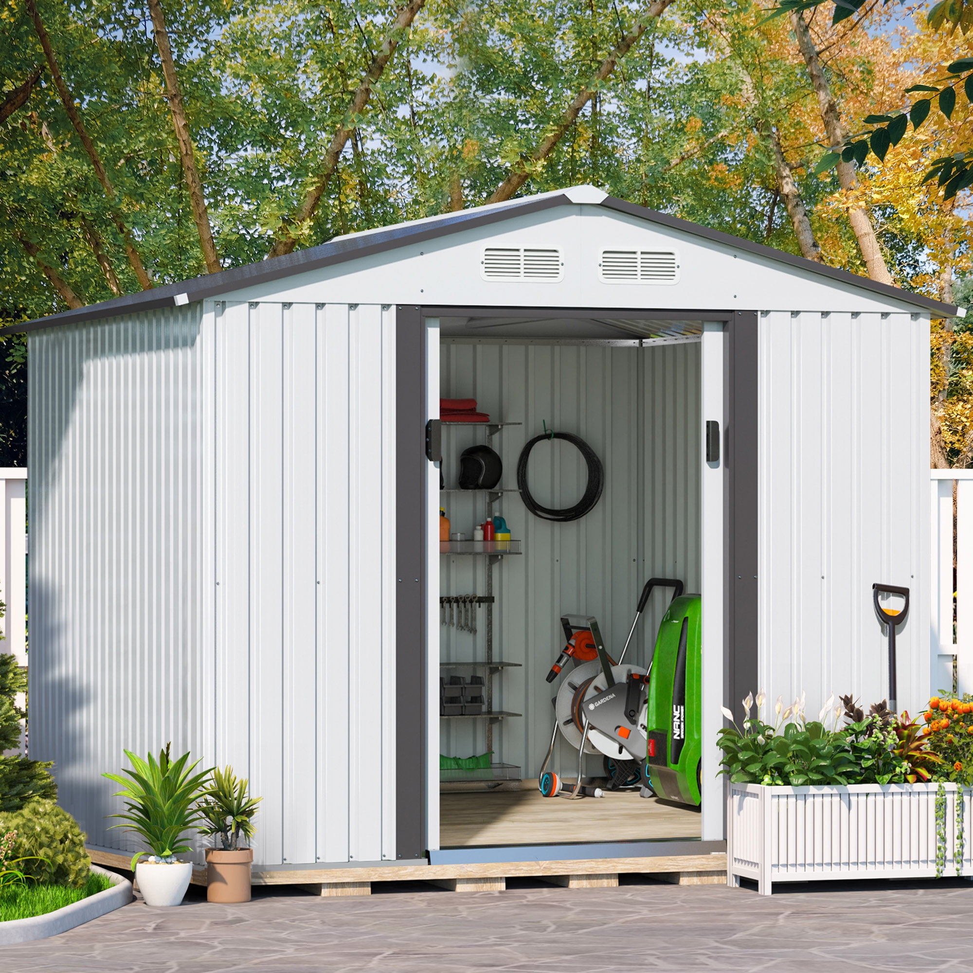 HOGYME 8 x 8 ft. Outdoor Storage Shed, Garden Tool Shed with Double