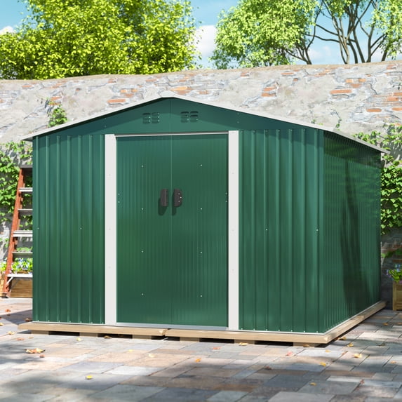 HOGYME 9' x 10' Outdoor Metal Storage Shed, Garden Tool Storage Shed for Backyard, Patio, Lawn, Green