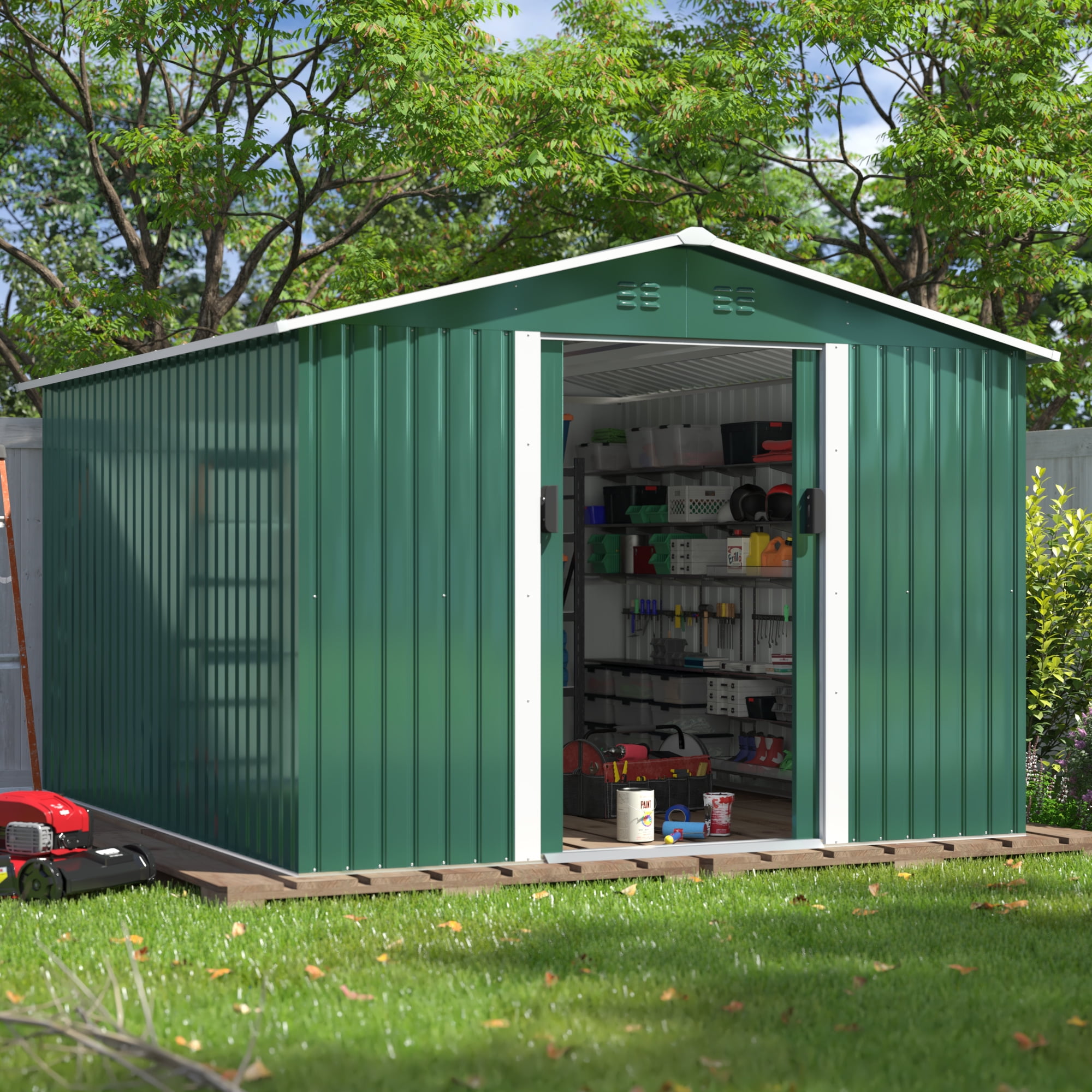 HOGYME 9' x 10' Outdoor Metal Storage Shed, Garden Tool Storage Shed ...
