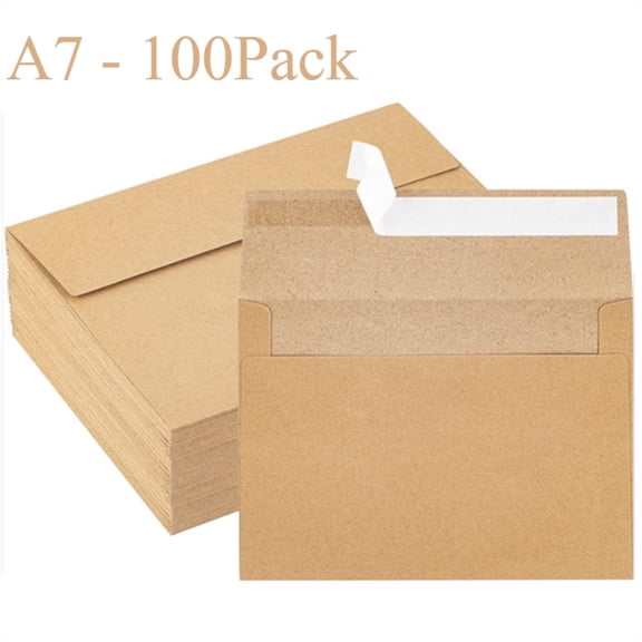 HOHAHO 100 Pack A7 Kraft Envelopes 5 x 7,Quick Self Seal for 5x7 Cards Perfect for Weddings, Invitations, Baby Shower Photo,Stationery for General, Office,5.25 x 7.25 inch