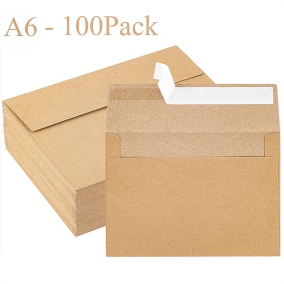 HOHAHO 100 Pack Kraft Paper A6 Envelopes for 4x6 cards , Self-Seal,peal &stick, Perfect for Wedding Baby Shower Conferences, Parties Photo, 4.25x6.25 inch