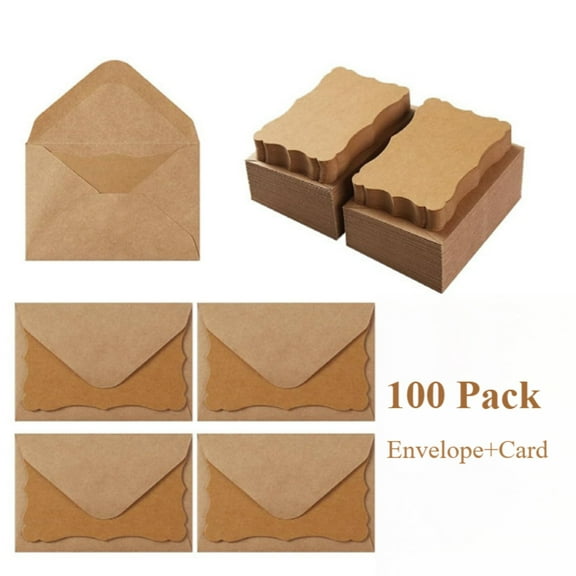 HOHAHO 100pack Kraft Mini 4x2.75" Envelope with 2.35x3.35: Wave Blank Card,Self-Adhesive, Business Envelopes Greeting Invitations Cards Envelopes