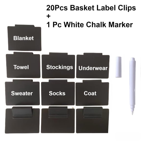 HOHAHO 20pcs Plastic Basket Bin Label Clips with White Chalk Marker,Removable Washable, Classified Storage for Kitchen Pantry Storage Fabric Box, Hanging Bin(3.5"X2.75"or9x7cm)