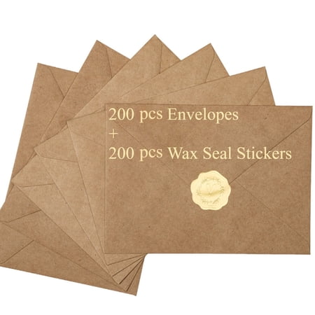HOHAHO 200 pack Kraft A7 Envelopes, 5.25x7.25 V-Flap Self Adhesive with Golden Stickers for 5x7 Cards,Perfect for Greeting Invitation Photo