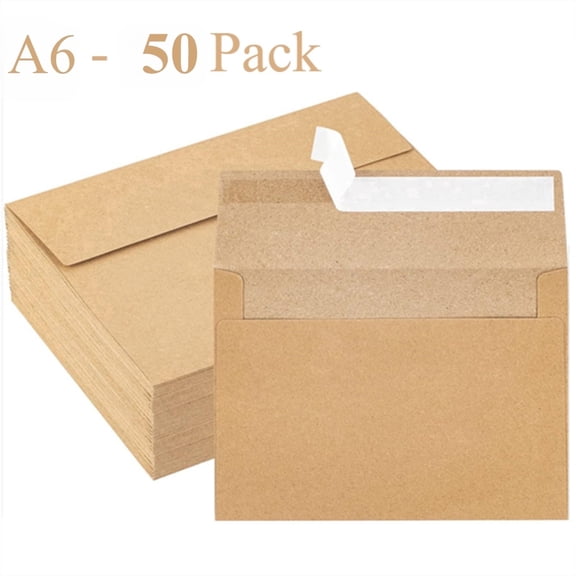 HOHAHO 50 Pack Kraft Paper A6 Envelopes for 4x6 cards , Self-Seal,peal &stick, Perfect for Wedding Baby Shower Conferences, Parties Photo, 4.25x6.25 inch